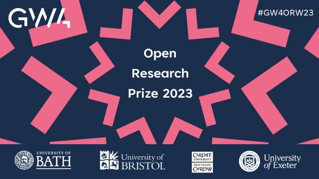 Graphic promoting GW4's Open Research Prize 2023, including the logos from all 4 GW4 institutions: University of Bath, University of Bristol, Cardiff University, University of Exeter